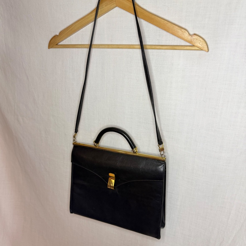 Vintage Black Leather Frame Handbag Gold Hardware Top Handle Shoulder Bag - Picture 6 of 12
